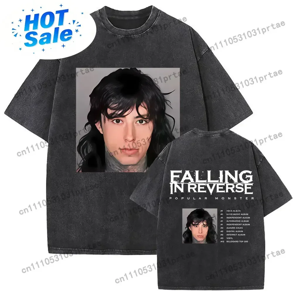 Washed Vintage Rock Band Falling in Reverse Ronnie Radke Popular Monster Album Graphic T-shirt Men's Casual Oversized Black