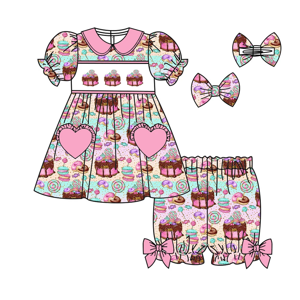 New Girls Series Lapel Short Sleeves Elastic Cake Lollipop Print Shorts Elastic Bow Girls Pajamas Set