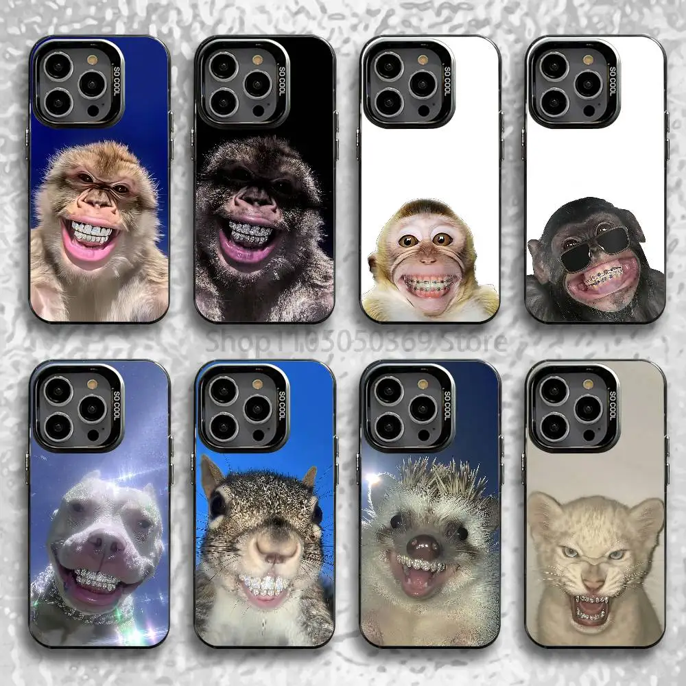 

Smiling Monkey Diamond Grill Phone Case For iPhone 15,17,11,14,13,16,12,E,Max,Plus,Air,Pro,Mini Black Matte Cover