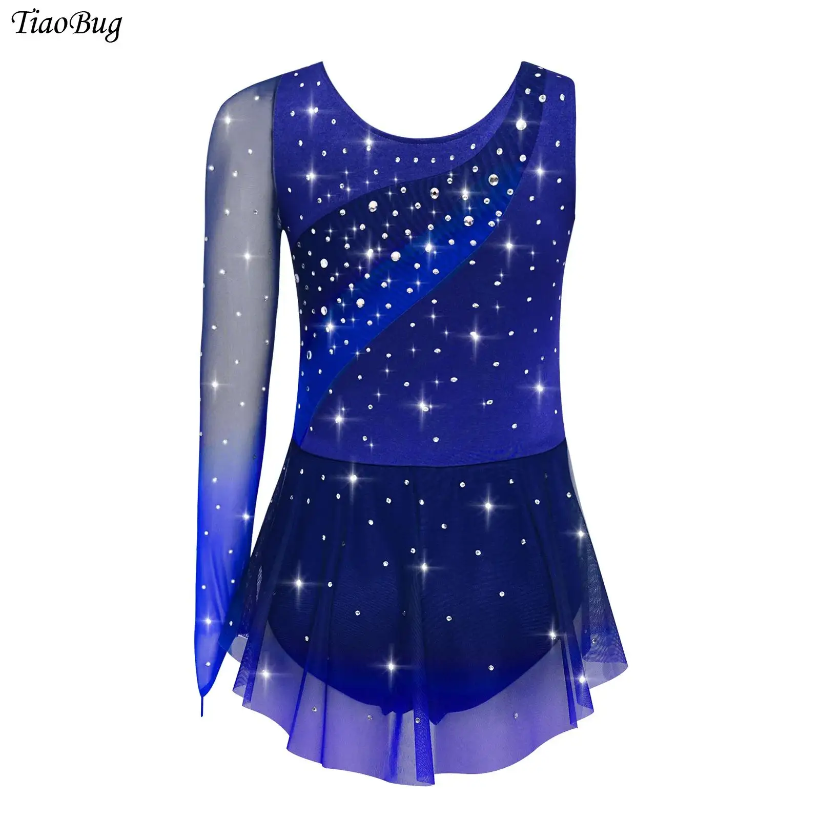 

Kids Girls Figure Skating Dress Rhythmic Gymnastics Leotard Shiny Rhinestones Contrast Color Asymmetrical Split Dress Ballerina