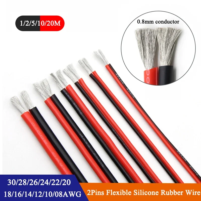 

Black Red 2Pins Silicone Rubber Cable Super Soft 30/28/26/24/22/20/18/16/14/12/10/8 AWG Flexible Copper Wire LED Lamp Connector