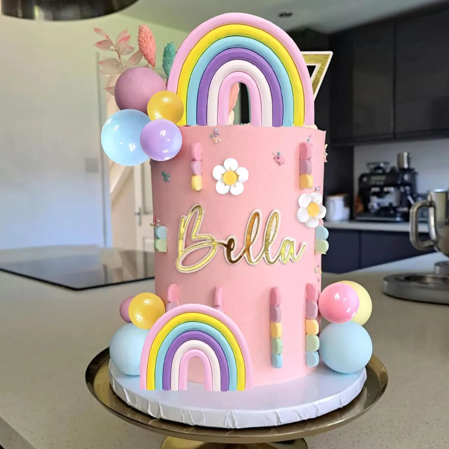 35 PCS Cake Toppers Boho Cake Topper Hippie Party Decorations with Flower Rainbow Balls Girl Birthday Party and Room Decoration