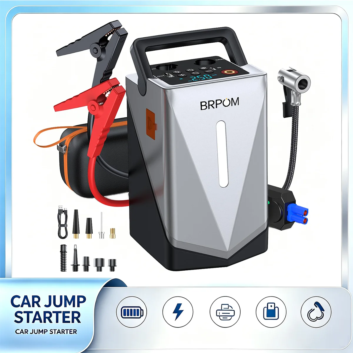 6-in-1 Car Emergency Jump Starter 7000A Peak Car Jump Starter 150 PSI Air Compressor Digital Tire Pressure Gauge With 3-Mode LED Torch and Tyre Pressure Monitor with LCD Display For Emergencies