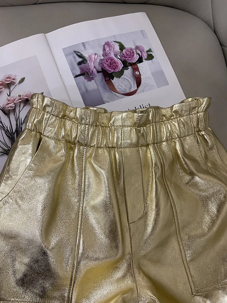 Shorts de couro genuíno feminino, calças curtas de cintura alta, shorts Shinny Golden, moda luxuosa, nova, Y2K, verão, 2022