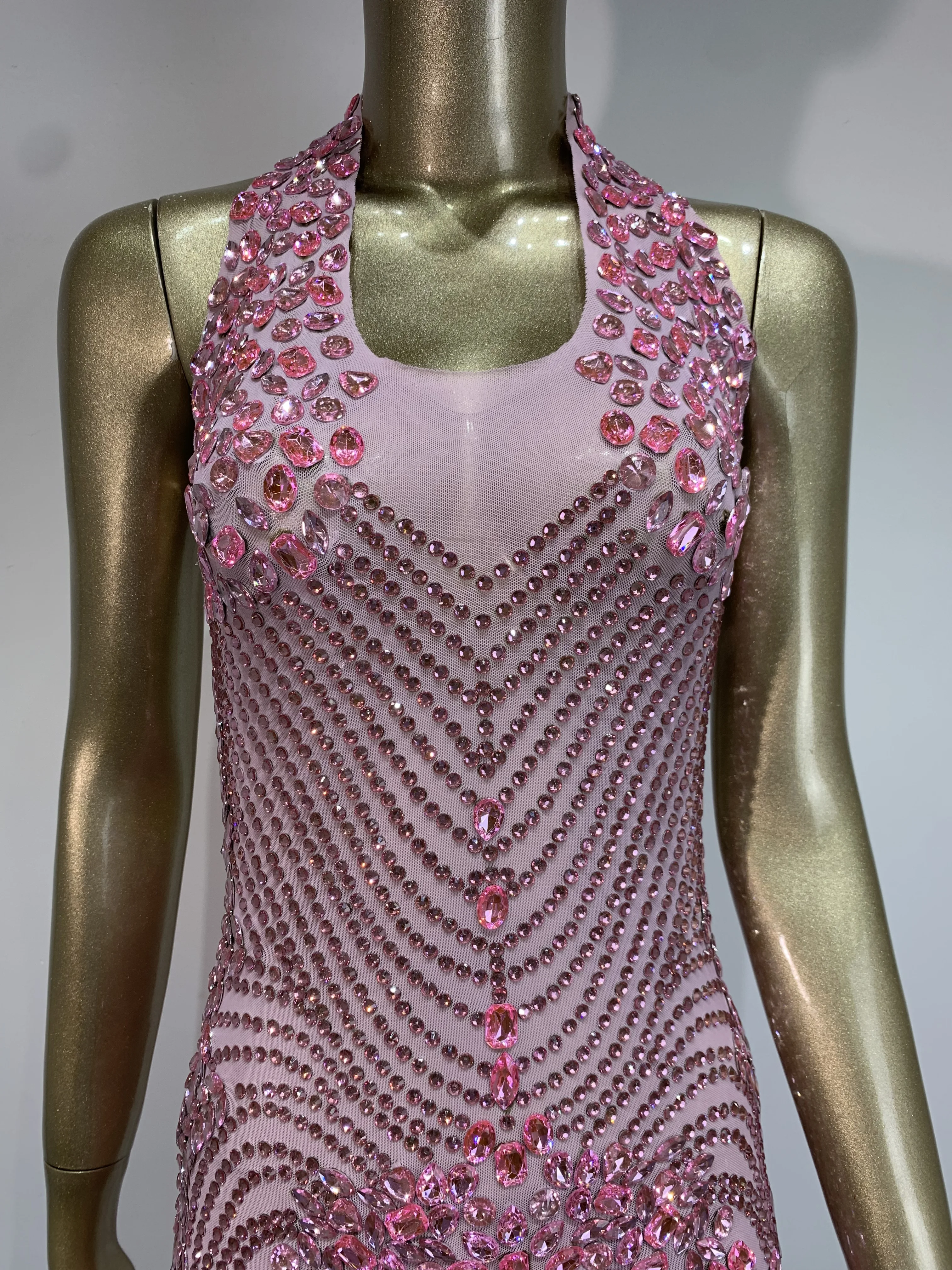 Women Sexy Backless Pink Rhinestone Mini Dress Evening Party Prom Celebrate Birthday Dresses Club Stage Performance Costume