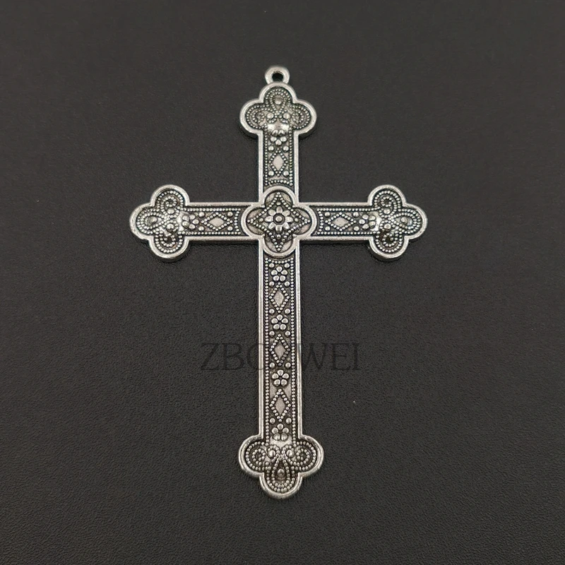 5pcs 80*54mm Silver Plated Large Christian Flower Cross Vintage Necklace Metal Accessories DIY Charm Jewelry Crafts Making