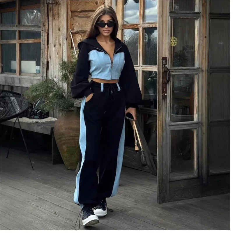 Fashion Contrast Color Patchwork Hoodies Pants Set Women Zipper Short Hooded Coats Lace Up Wide Leg Pant Spring Autumn Tracksuit image 3