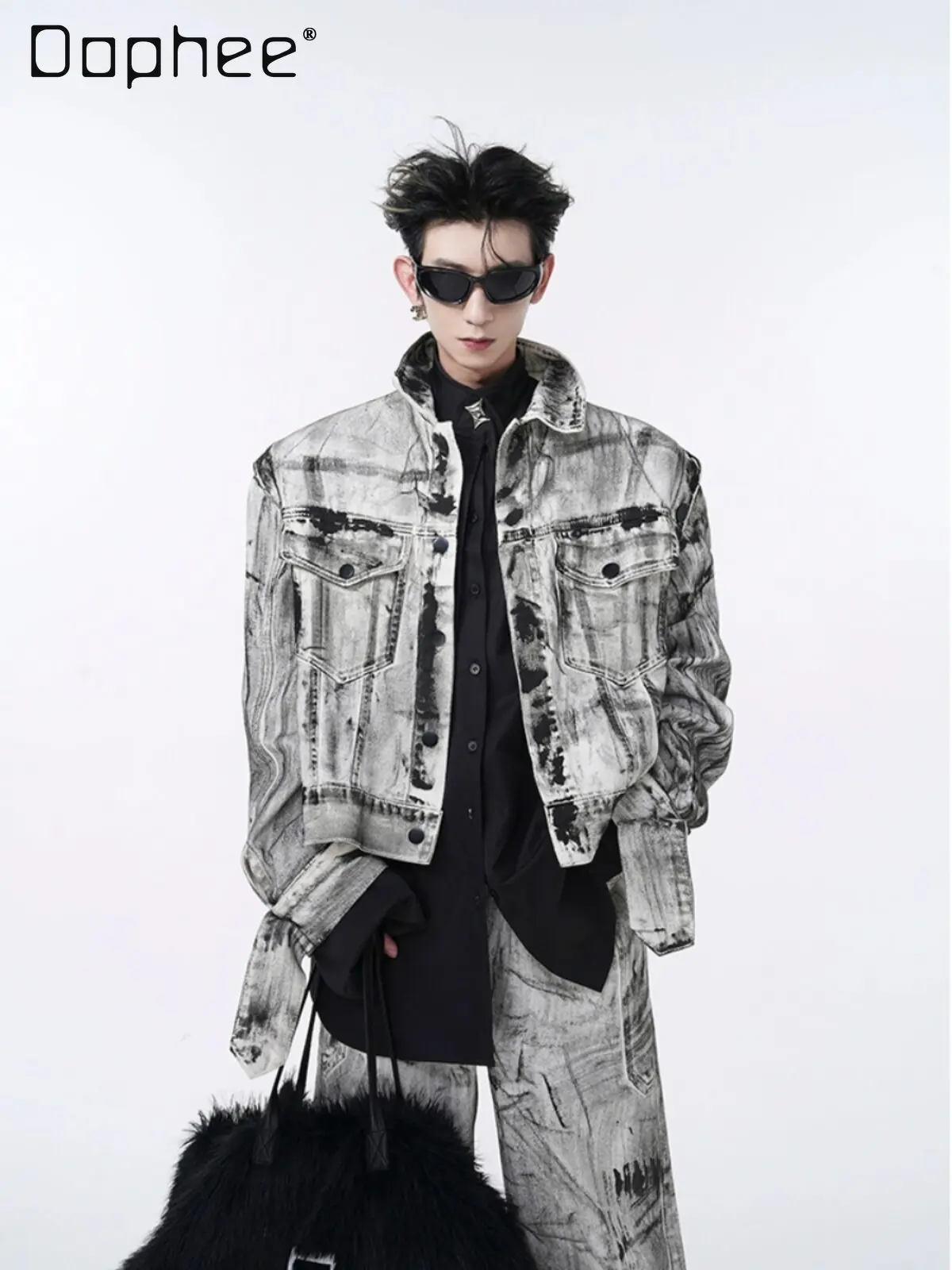 

Spring Autumn Men's American High Street Style Light Gray Graffiti Detachable Sleeve Jacket High Waist Wide Leg Jeans Set