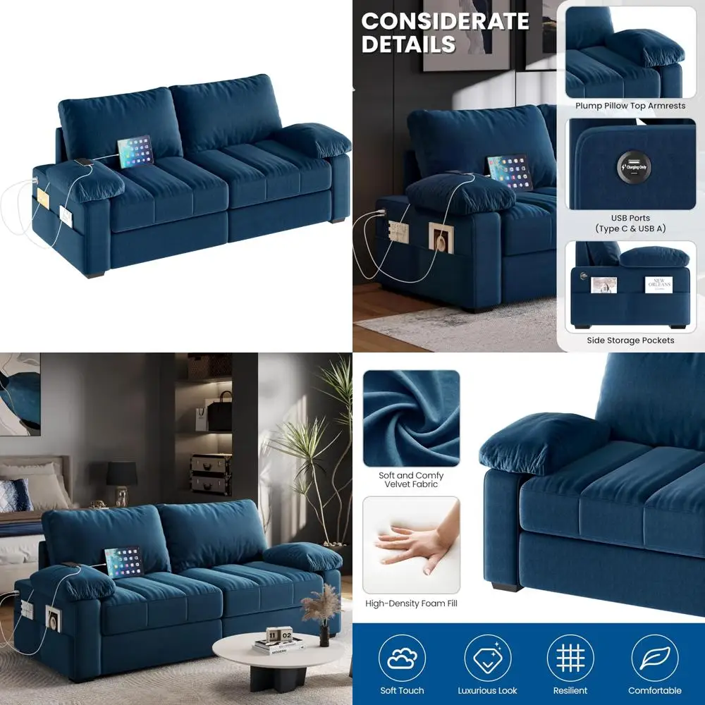 

modern velvet futon sofa with storage pockets, usb ports, removable armrest pillow, and cover - comfortable loveseat couch for l