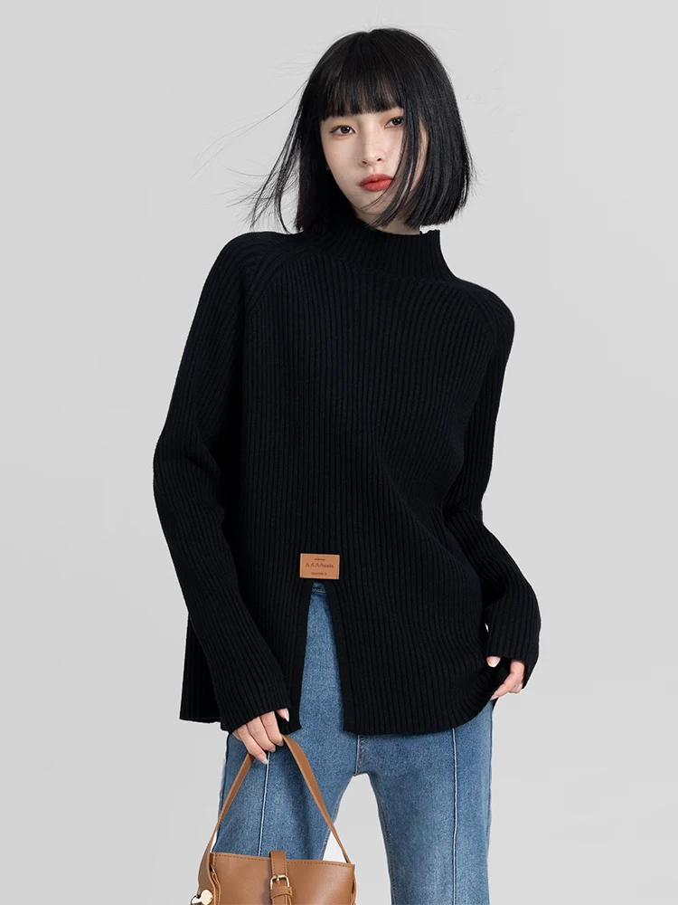 

PulloverTop Women's Black Mock Neck Sweater Knitwear Autumn and Winter Thickened Warm Inner Collar Irregular Slit Wool BaseShirt