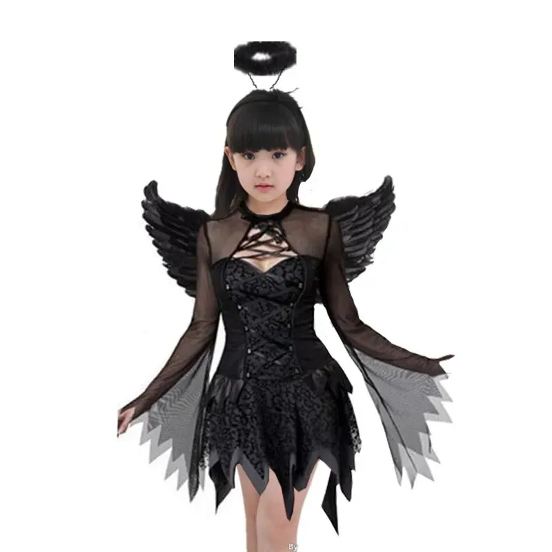 

Halloween Cosplay Girl Kids Dress Teen Girls Black Hells Angel Costume Carnival Party Maleficent Witch Wings