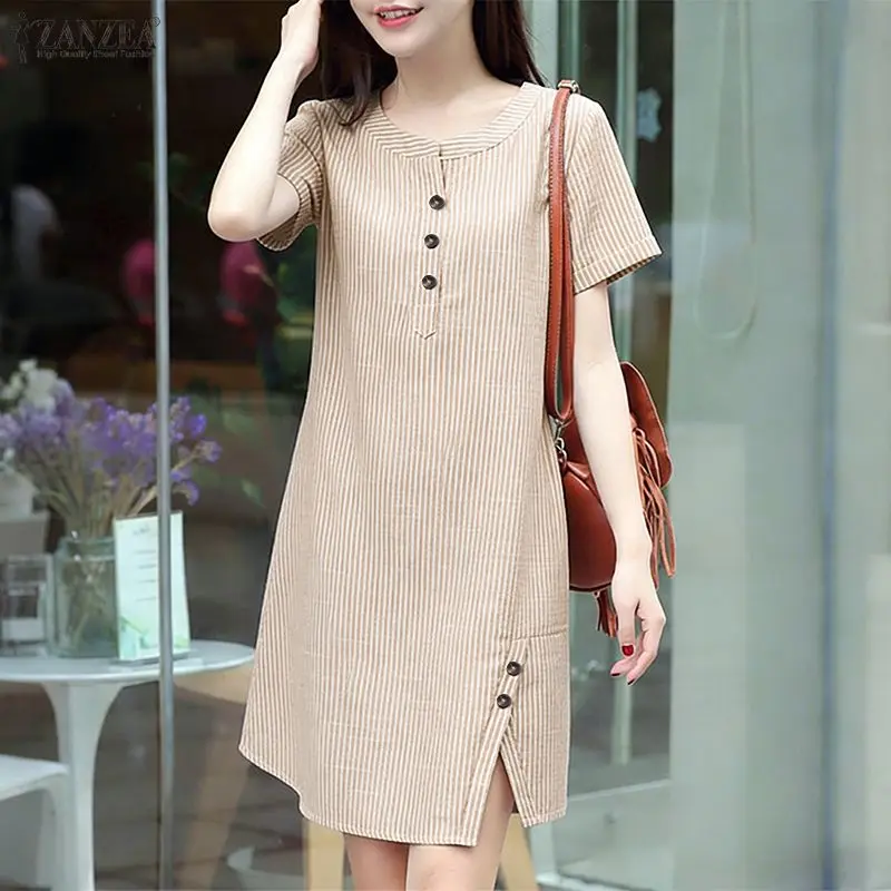 ZANZEA – robe décontractée rayée pour femmes, col rond, demi-boutons, manches courtes, longueur aux genoux, robes d'été minimalistes, vêtements de jour pour femmes