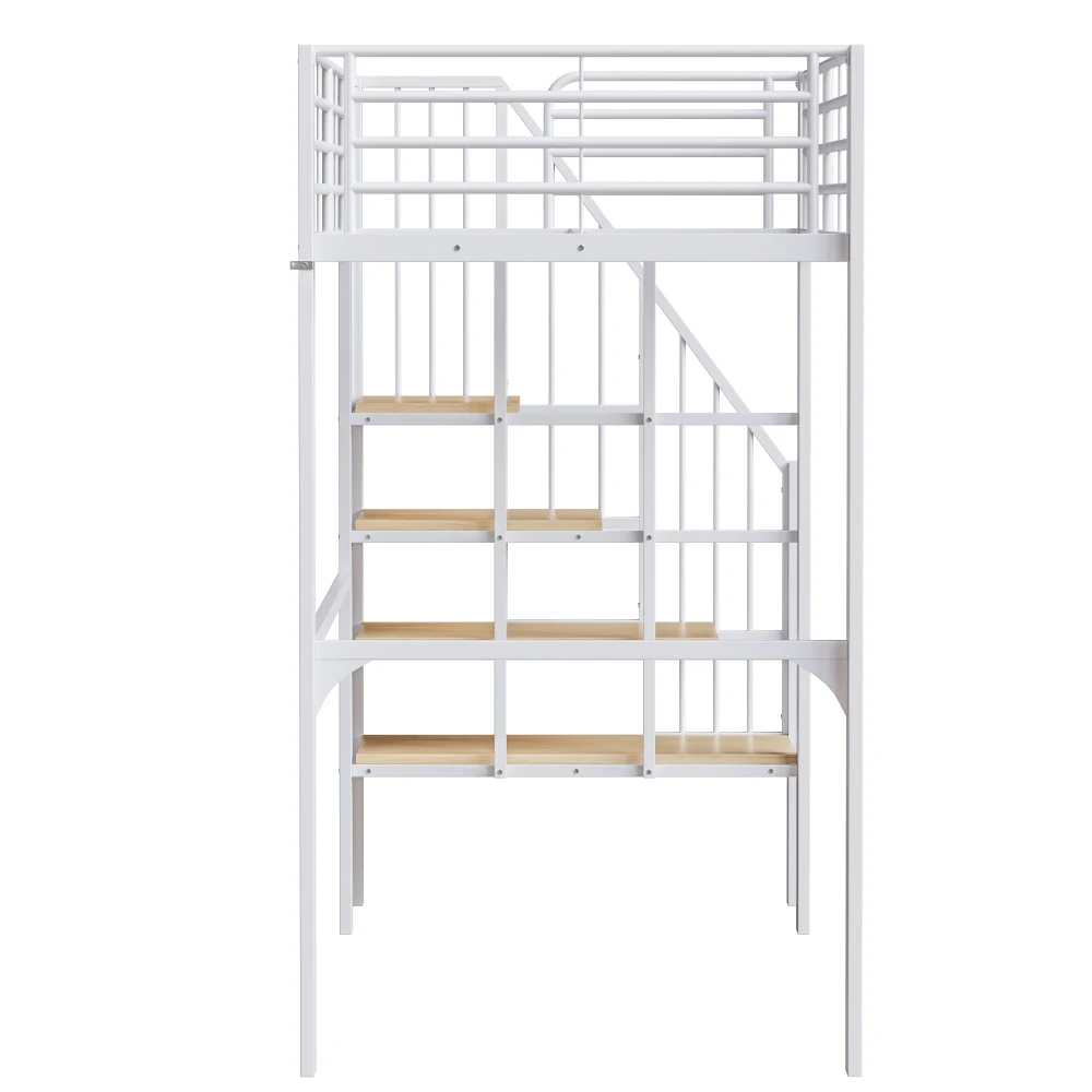 Stabiles Hochbett aus Metall, 90 x 200 cm/140 x 200 cm, mit geräumigem Stauraum unter dem Bett und Treppe für Kinder und Erwachsene, Bettgestelle und -gestelle – Detail 10