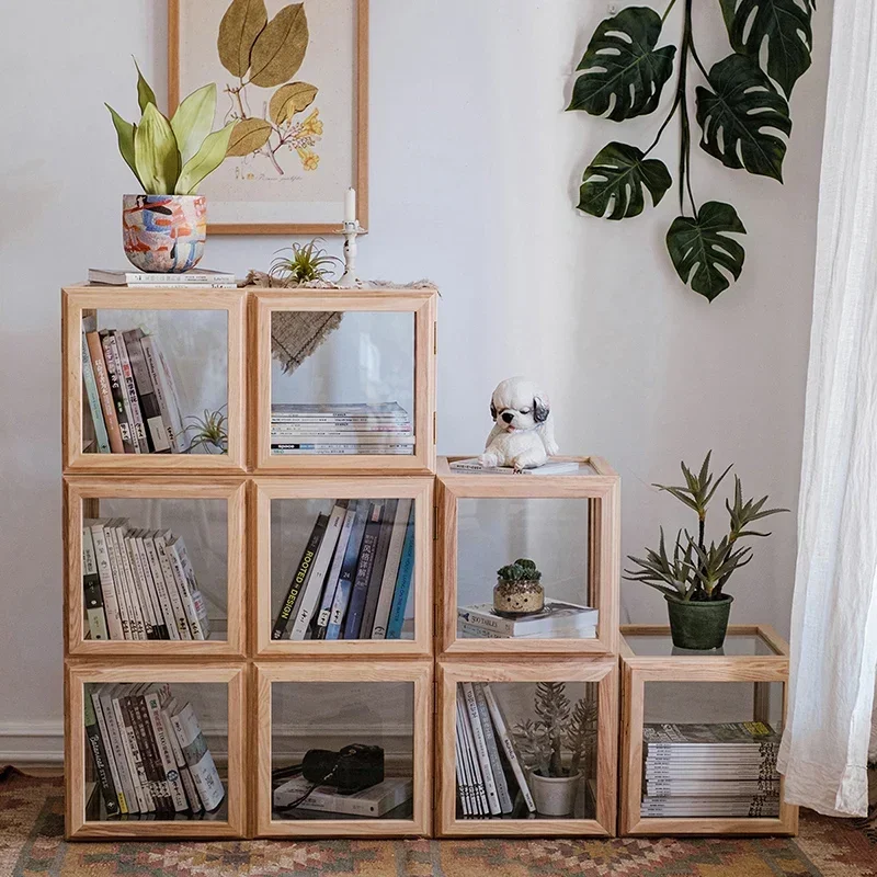 Ash wood solid wood lattice cabinet, glass door storage display cabinet, multi-functional locker, bookcase