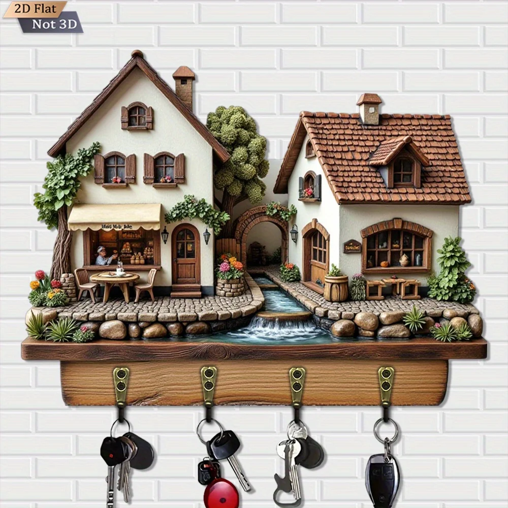 2D Flat, 1pc, Rustic Mini Cottage Key Hook, Wooden Multi-Functional Home Key Holder with Four Metal Hooks, Wall Decor, Porch