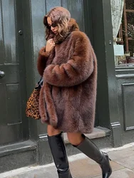 Women Brown Soft Faux Fur Loose Coats Fashion Lapel Long Sleeves Pockets Overcoats Autumn Winter New Lady Warm Outwear