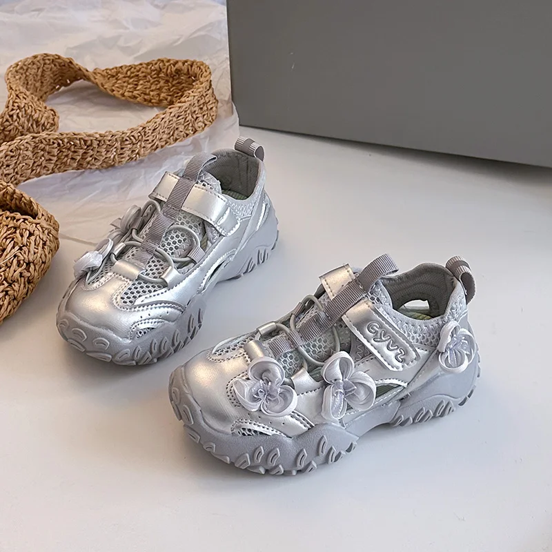 

Girls Summer Chunky Sandals Flower Decoration Breathable Mesh Shoes Soft Sole Non-slip Casual Footwear for Kids