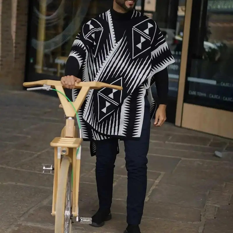 Men's Printed Shawl Coat Casual Retro Beach Style Long Length Woolen Jacket Business Suitable Long Coat for Spring Autumn