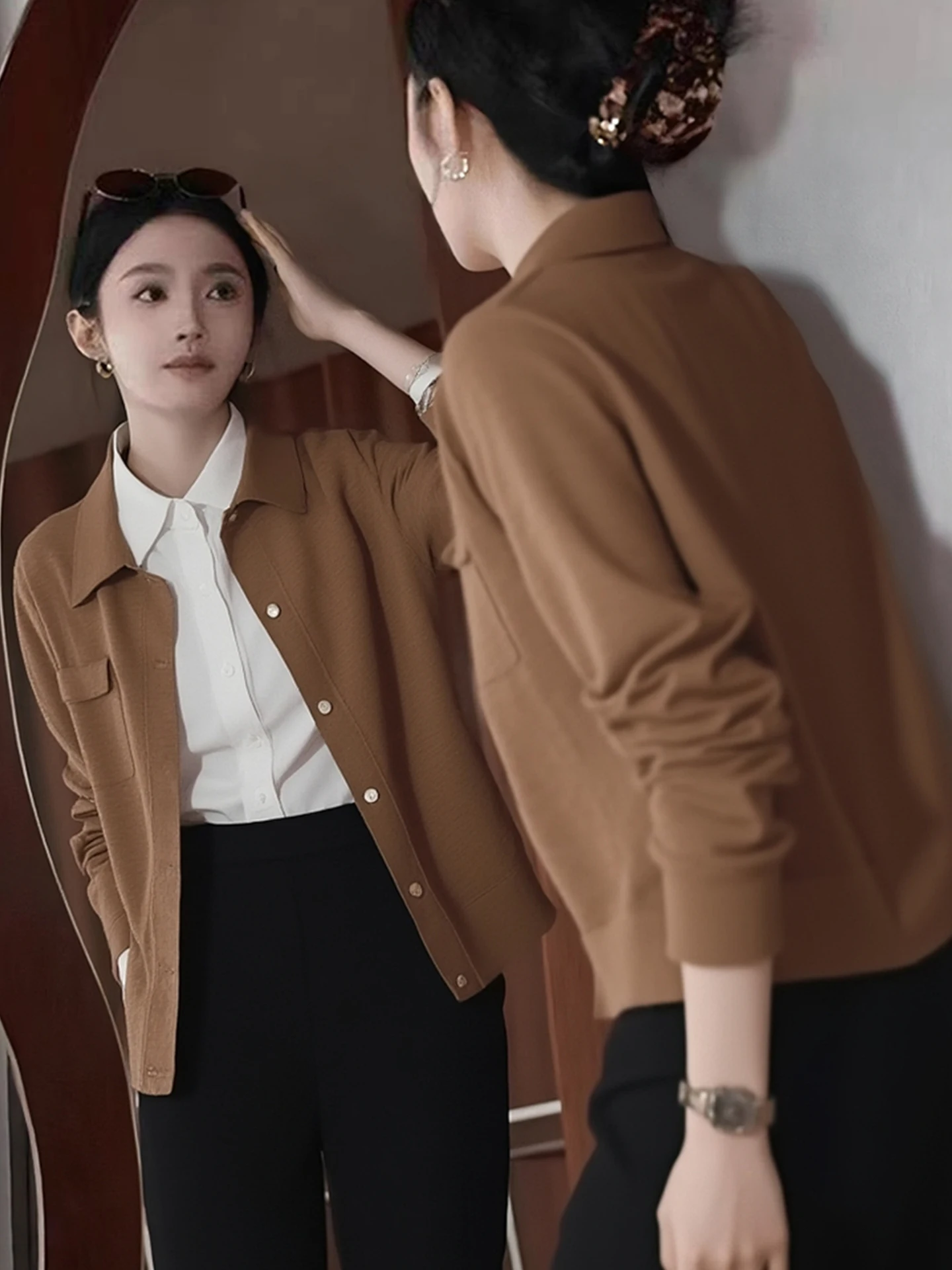 

Ele Long Sve Lapel Open Cardigan Women's Loose Fit Versatile Autumn Winter Coffee Color Commute Sle Faion Outerwear