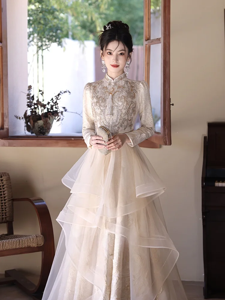 

Ele Wedding Dr New Chinese Sle Evening Gown for Bride Women High-End Winter Luxury Engagement Par Celebration