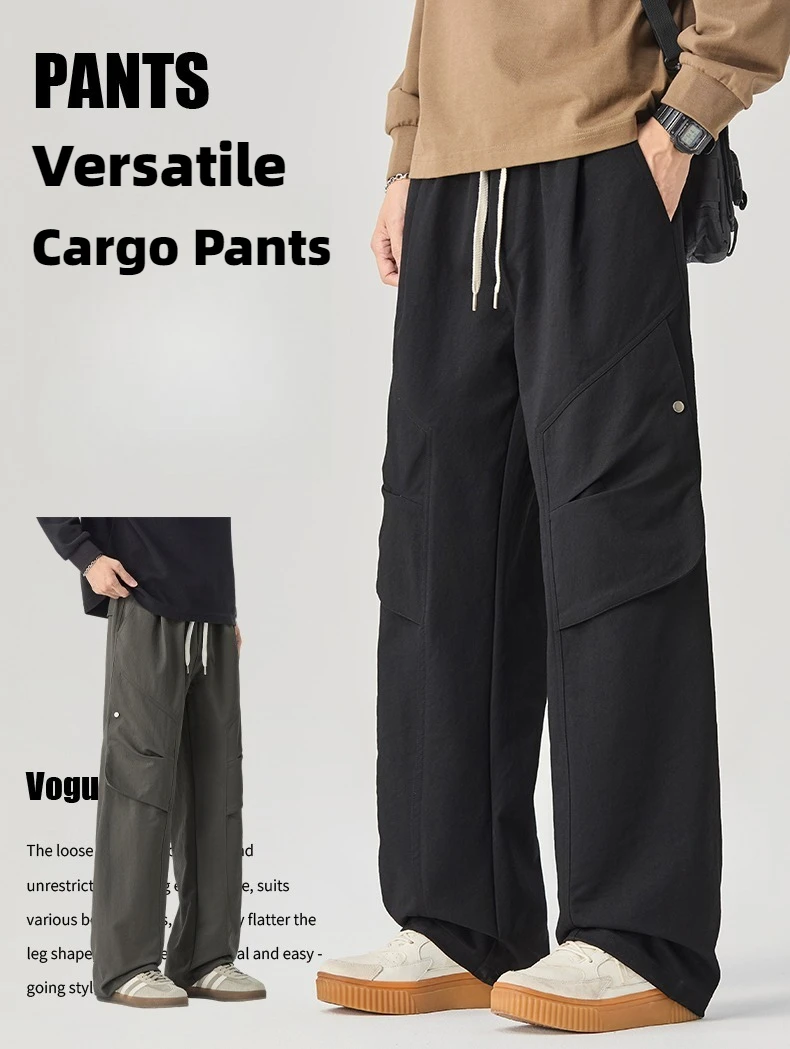 

2024, весенне-осенние повседневные свободные прямые мужские брюки-карго, модные молодежные повседневные брюки-карго из полиэфирного волокна, однотонные