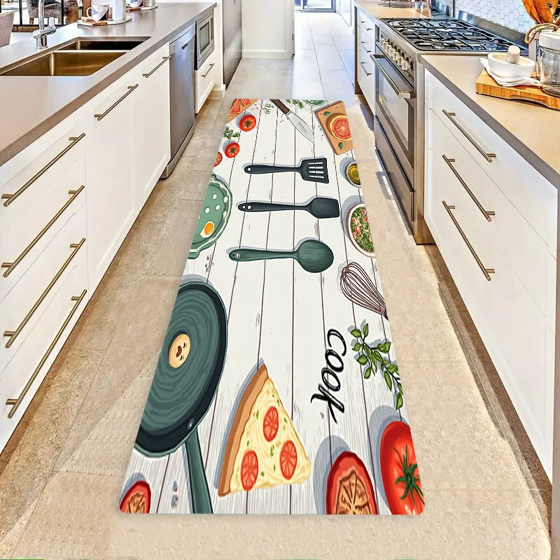 White Wood Plank Kitchen Tool Pizza Tomato Herb Runner Rug, non-slip mat,fresh cooking decorative mat for kitchen aisle entryway