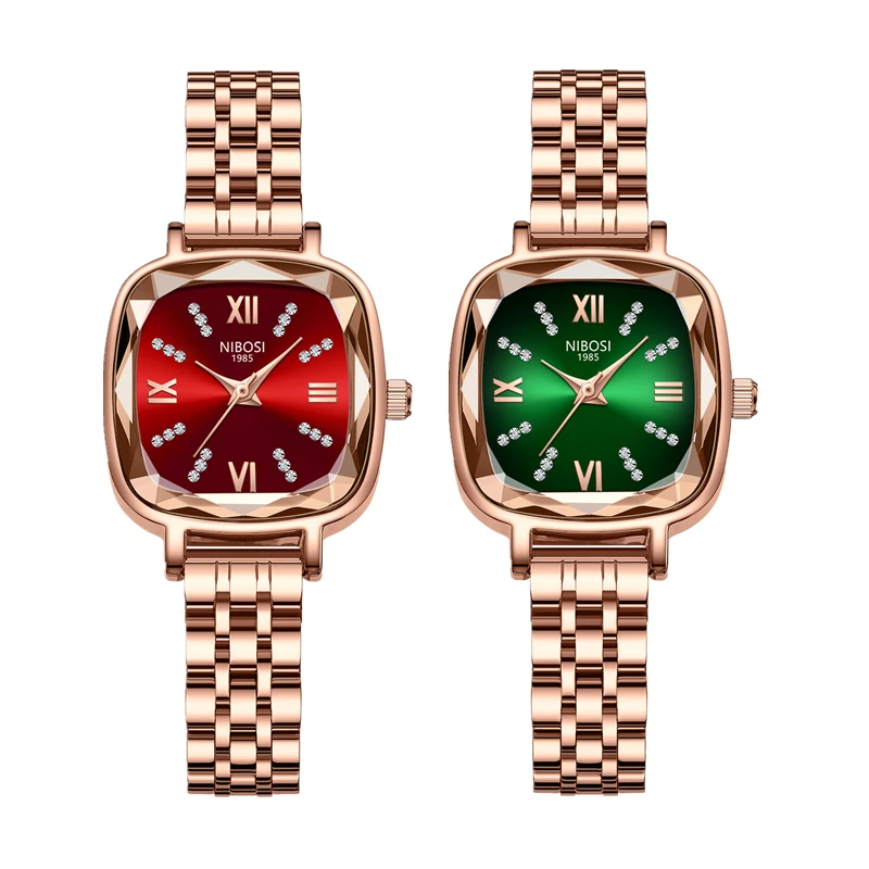 2 قطعة NIBOSI النساء ساعات المعصم مقاوم للماء العلامة التجارية الأعلى السيدات ساعة الماس ديكور مستطيل الكوارتز المرأة الساعات الإناث Reloj