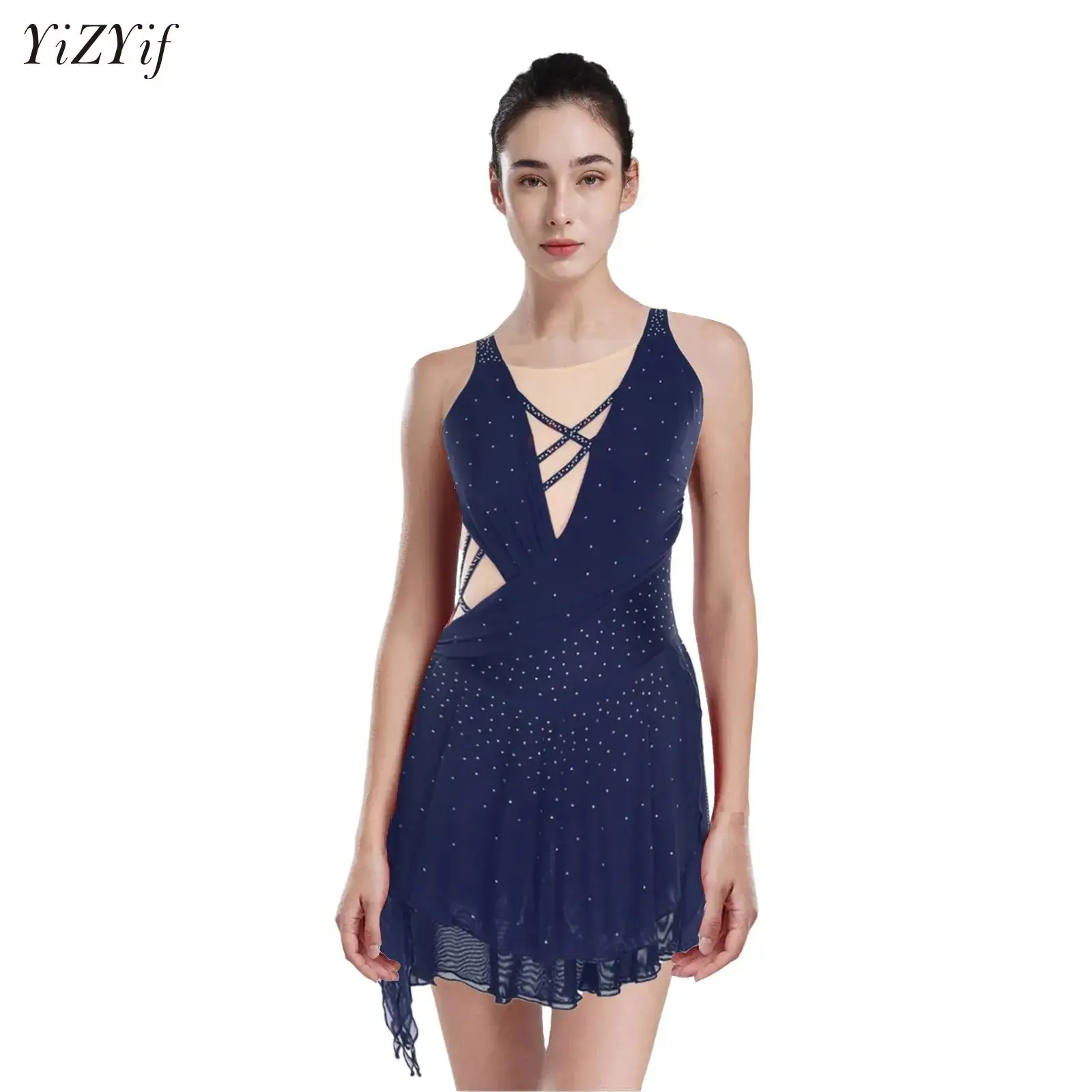 

Women Dance Dress Figure Skating Lyrical Performance Costume Rhinestones Gymnastics Leotard Sleeveless Dress Ballet Dancewear