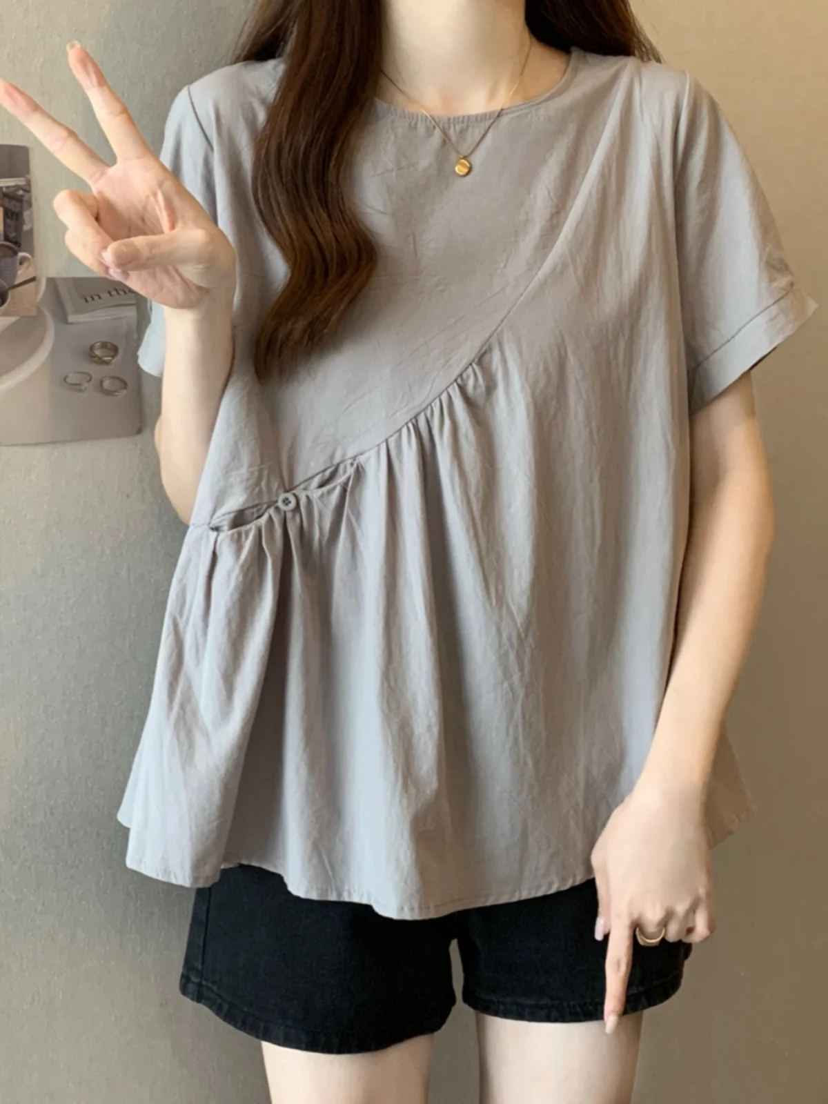 Summer Women's Cotton Linen Shirt Short Sleeve Loose Fit Base Layer Top plus Size Conceals Belly Creative Commute Style