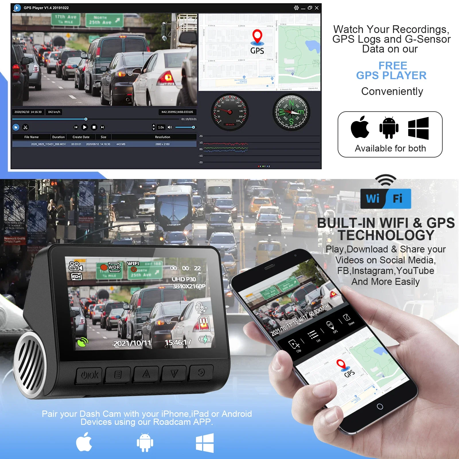 كاميرا V55 Dashcam 4k الجديدة مع نظام تحديد المواقع بعدسة مزدوجة كاميرا داش Dvr 4k واي فاي مع التطبيق الأمامي والخلفي المزدوج 2 قناة 4k داش كام