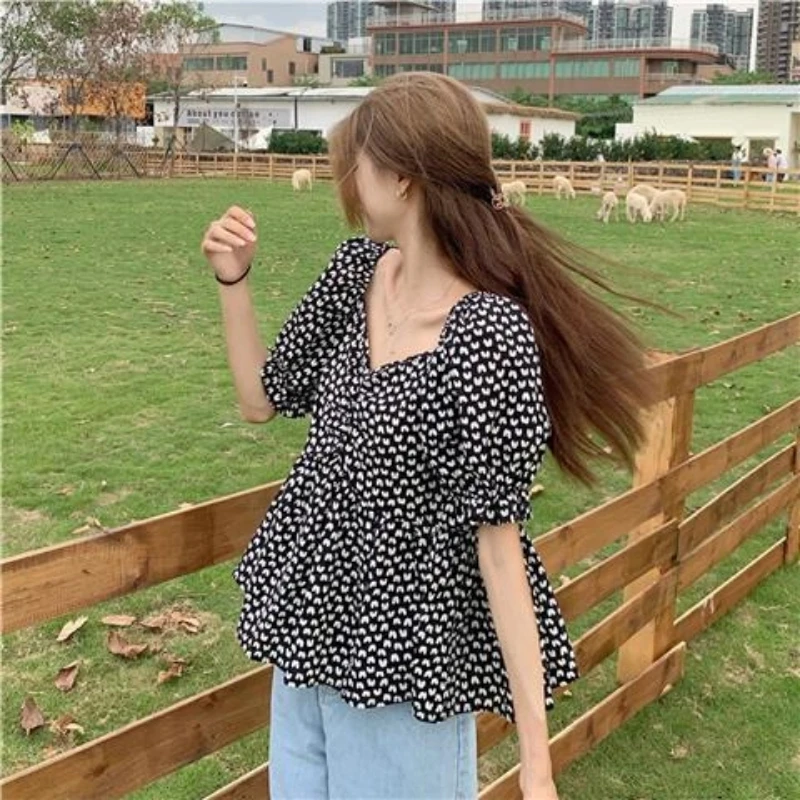 

V Neck Pleated Loose Youth Korean Blouse Summer New Thin Short Sleeve Print Cute Sweet Shirt Tops Women Clothing Casual Fashion