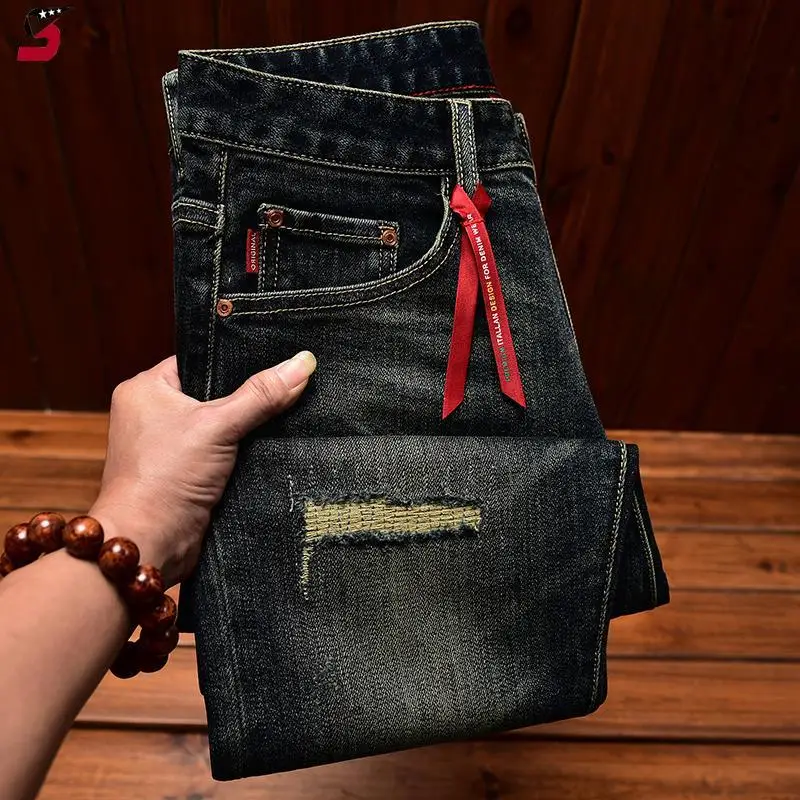 2025 New Men's Vintage Retro Jeans Men's Autumn Distressed Patched Slim Fit Stretch High-end Long Pants