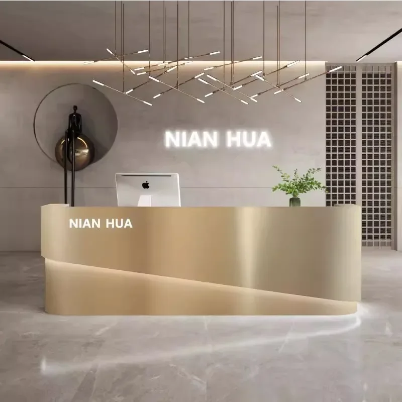 

Customized Stainless Steel Reception Desks Cashier Modern Office Reception Desk Luxury Metal Mostrador Negocio Furniture Counter