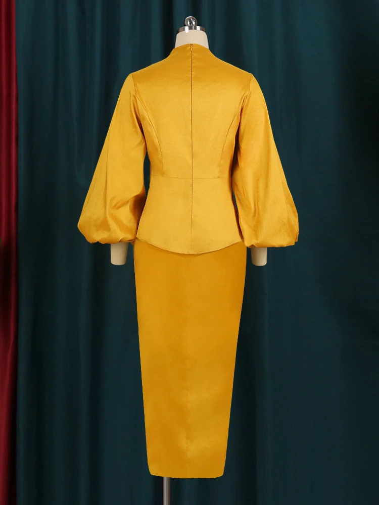 Yellow Dresses Midi Length Long Lantern Sleeve Bodycon Plus Size Dress for Womne Birthday Evening Cocktail Party Gowns Outfits