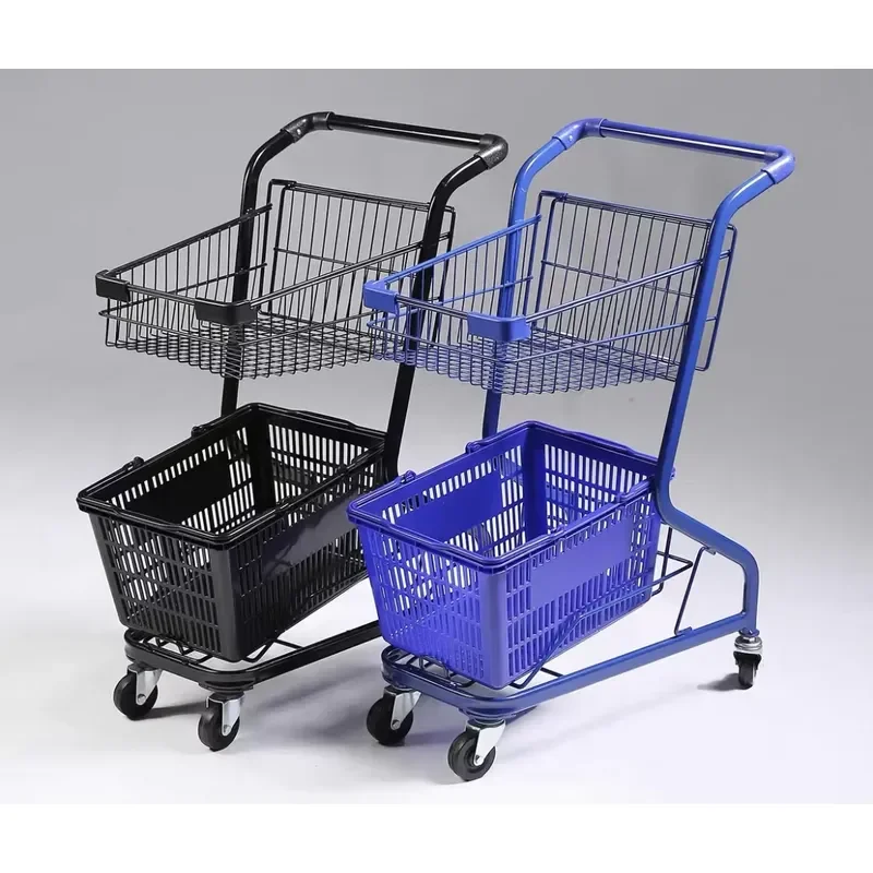 Double Layer Metal Shopping Cart with Plastic Basket 4 Universal Wheels Two Tier Trolley for Boutiques and Convenience Stores