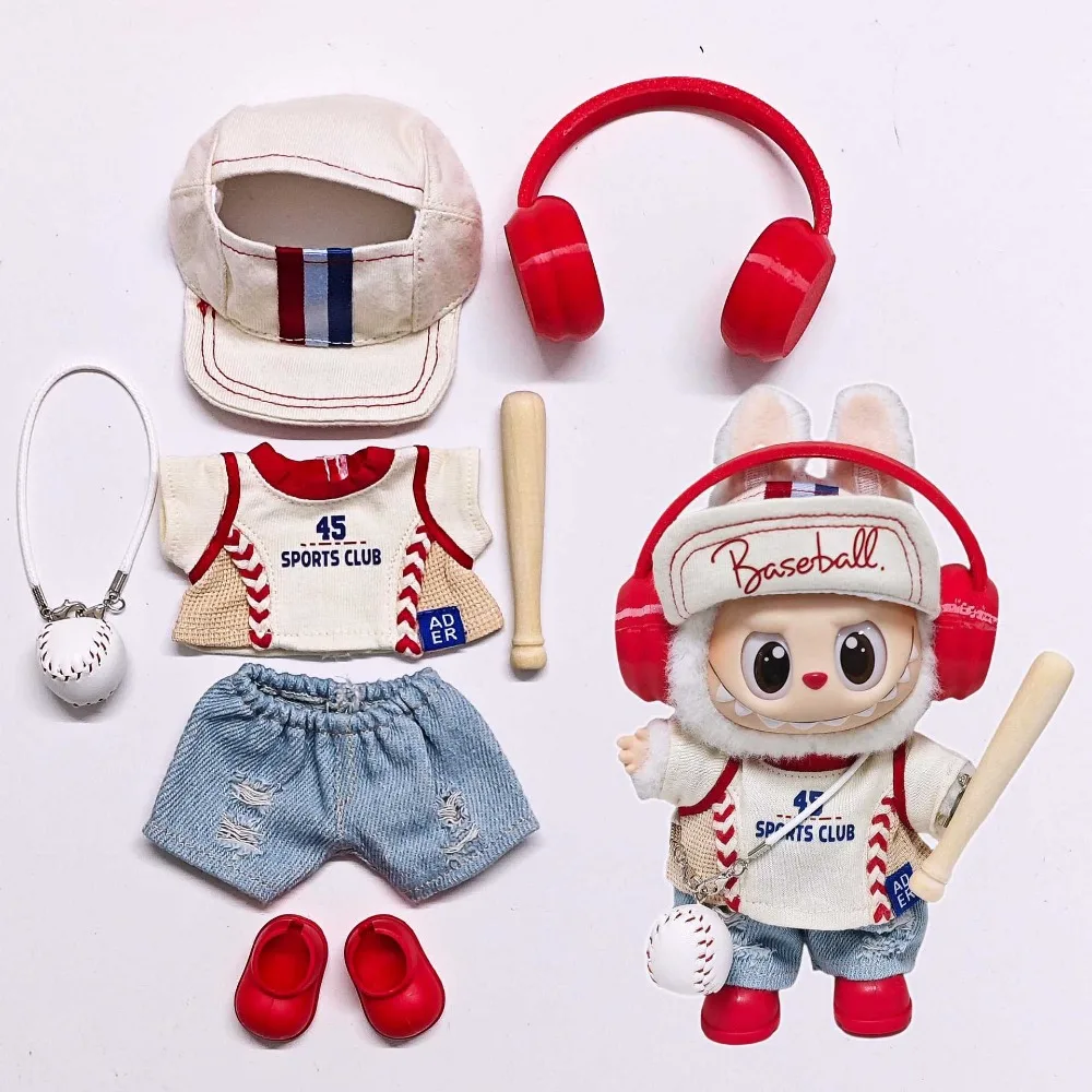 Ropa para muñeca Labubus de 17cm, uniforme de béisbol, conjunto de bate de béisbol, accesorios para muñecas, vestido cambiante para fiesta sentada, juguetes de juego