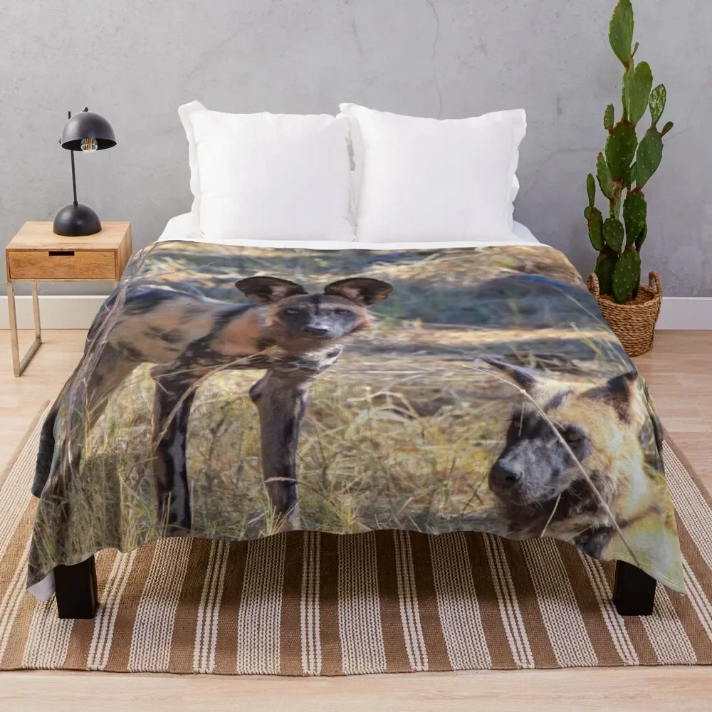 Two African wild dogs in Moremi Game Reserve, Botswana Throw Blanket decorative Large Blankets