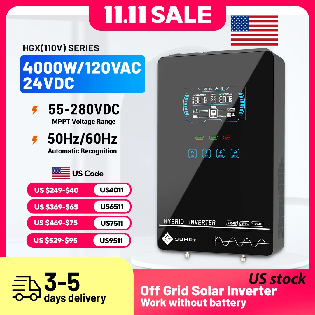 Sumry 4000W Off Grid Hybrid Inverter 24V 140A 5600W MPPT Solar Charger Pure Sine Wave Inverter for Home 6.25 Inch LCD Display