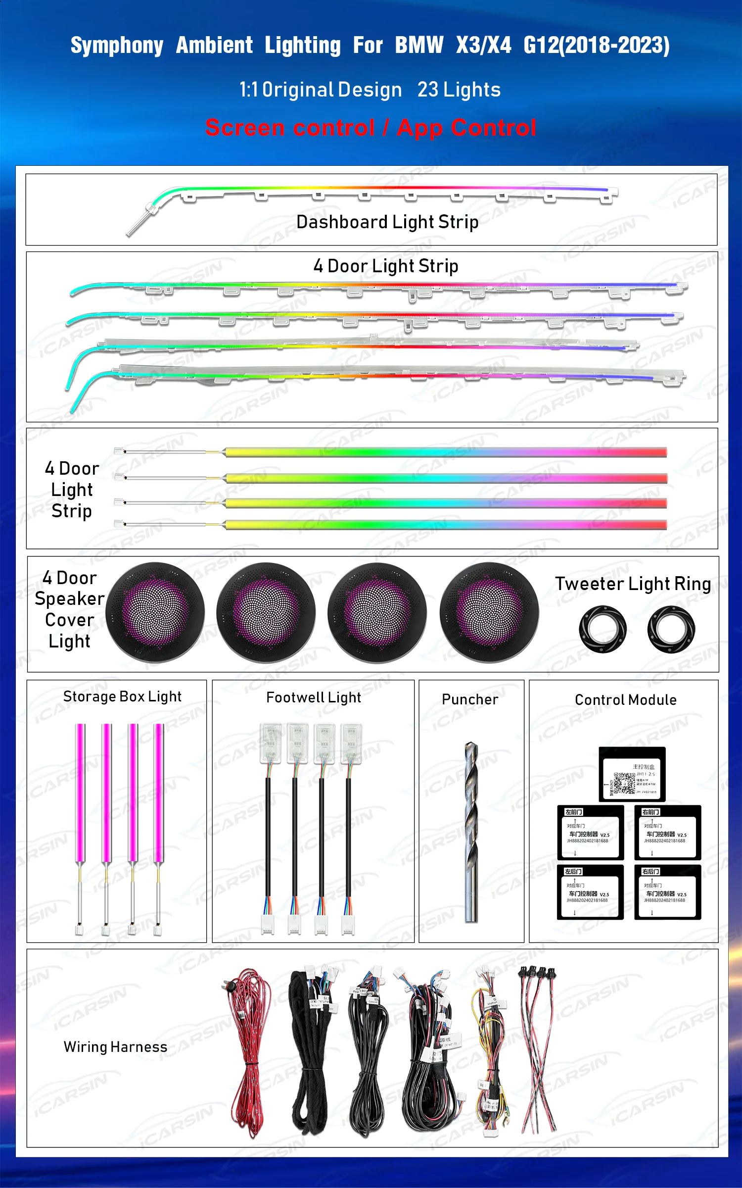 ICarsin G01 G02 Ambient Lighting Upgrade Kit for BMW X3 X4 2018 - 2023 Interior LED Light Trim Accessories Atmosphere Lamp