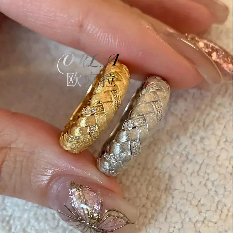 Retro gentle style brushed craft wheat rings for women silver 925 inlaid diamond new in wide ring Couple style banquet jewelry