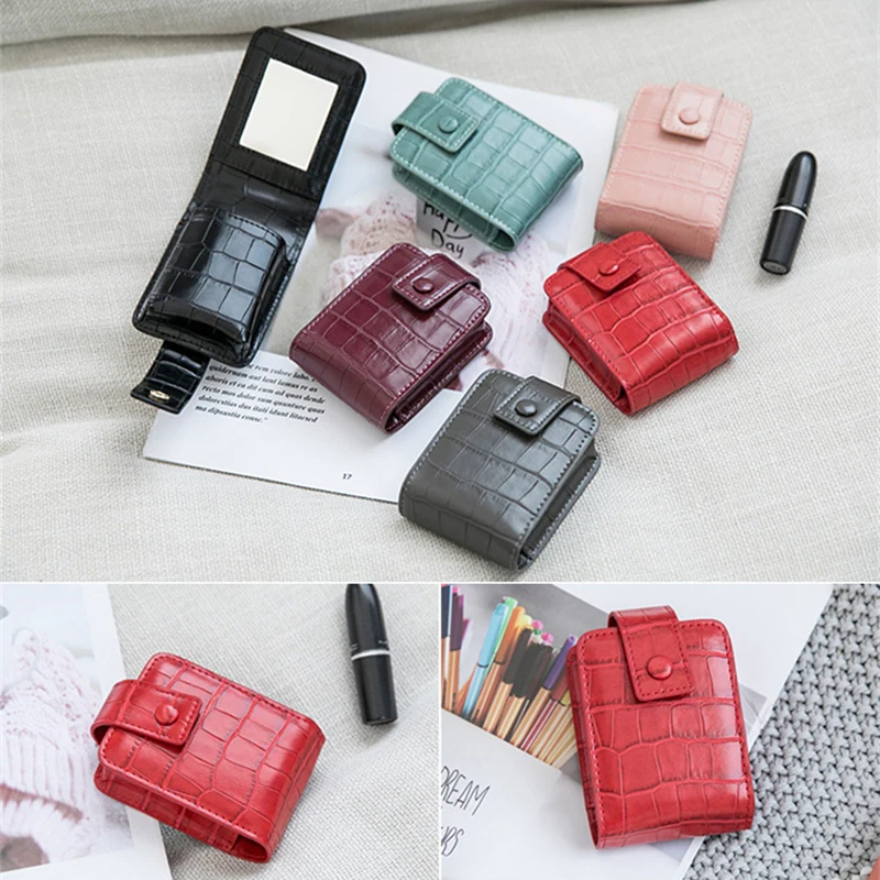 Lipstick Cosmetic Bag with Mirror Women Travel Makeup Bag Crocodile Pattern Pu Mini Toiletry Organizer Pouch Storage Neceser New