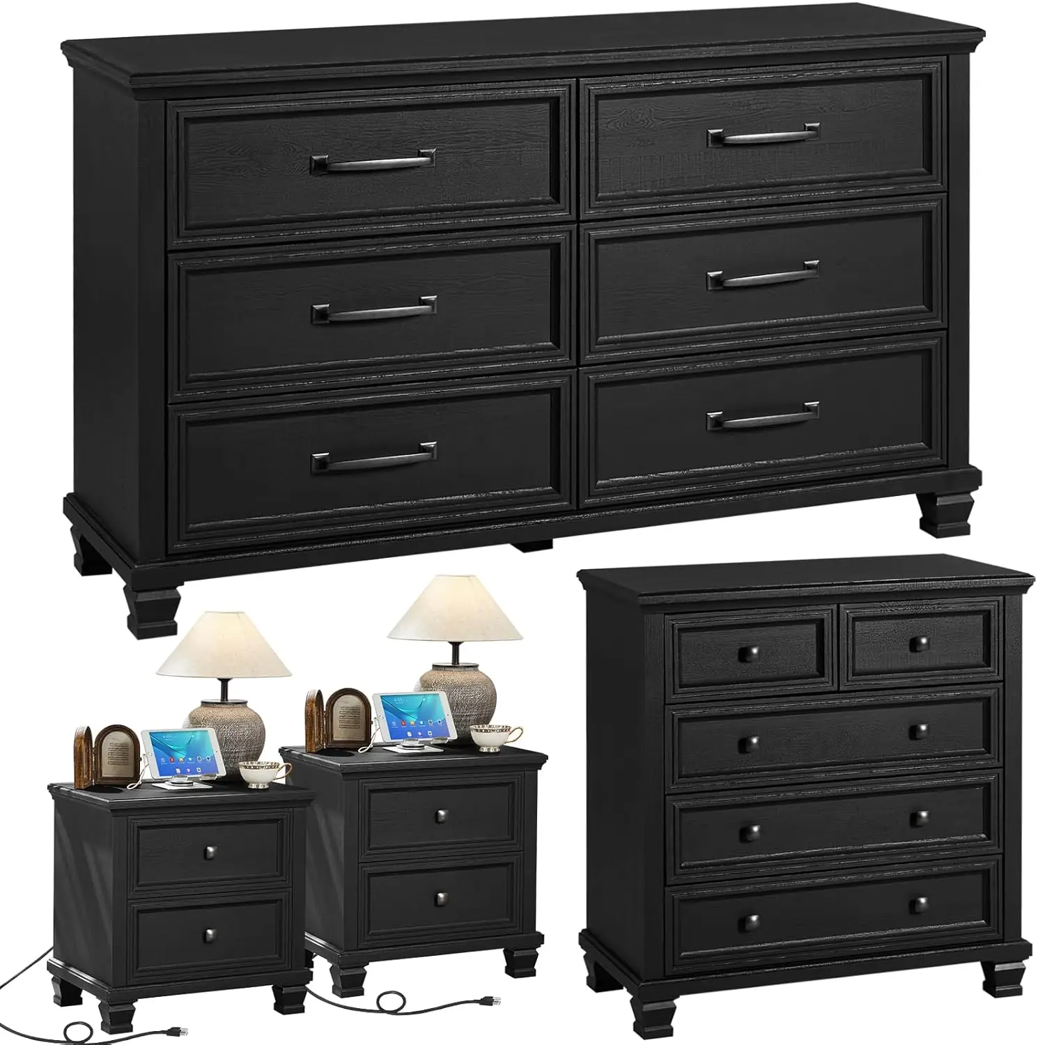 Farmhouse Black Bedroom Sets of 4, Includes 6 Drawer Large Dresser, Low 2 Drawers Night Stand with Charging, Customized