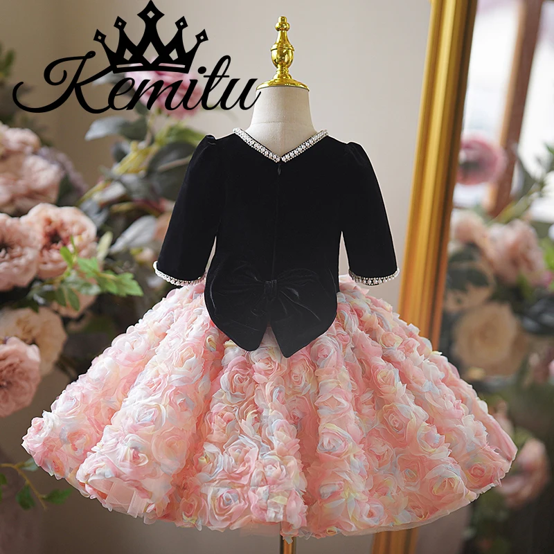 Mädchen Geburtstags kleid rosa Blumen Spitze Blumen mädchen Kleid Hochzeits feier Kleid Weihnachts mädchen Prinzessin Ballkleider