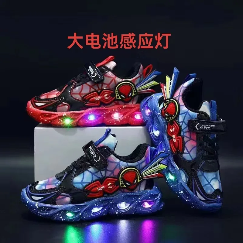

2025 Spider-Man Girls Boys Sneakers LED Lights Cartoon Sports Infant Tennis Toddlers Leather Non-slip Running Baby Casual Shoes