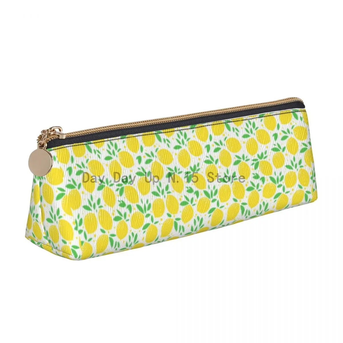 Lemon And Leaf Print Leather Pencil Case Fruit Pattern Vintage Zipper Pencil Box School Teens Triangle Pen Pouch