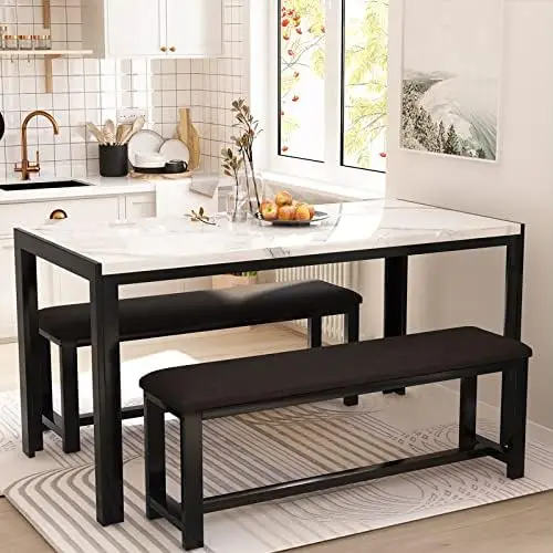 Dining Room Table Set with 2 Benches, Dining  for 4-6, Dinner Table Set for 4, Faux Marble Breakfast