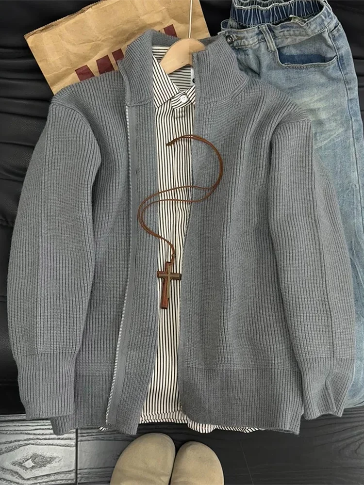 

Мужской вязаный свитер на молнии, осенний, в стиле кэжуал, с воротником-стойкой, уютный, теплый, толстый, с длинными рукавами, для повседневной носки