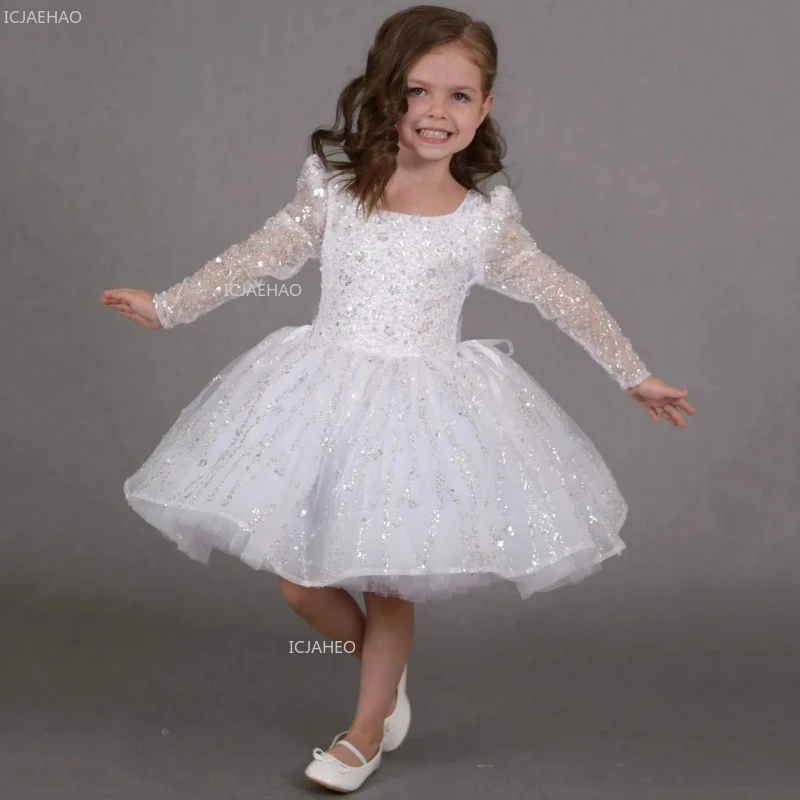 Lila Blumenmädchenkleid mit Pailletten, Glitzer, langen Ärmeln, Tüll, Festkleid, Kleidung mit Schleife, für Hochzeit, Kindergeburtstag, Party