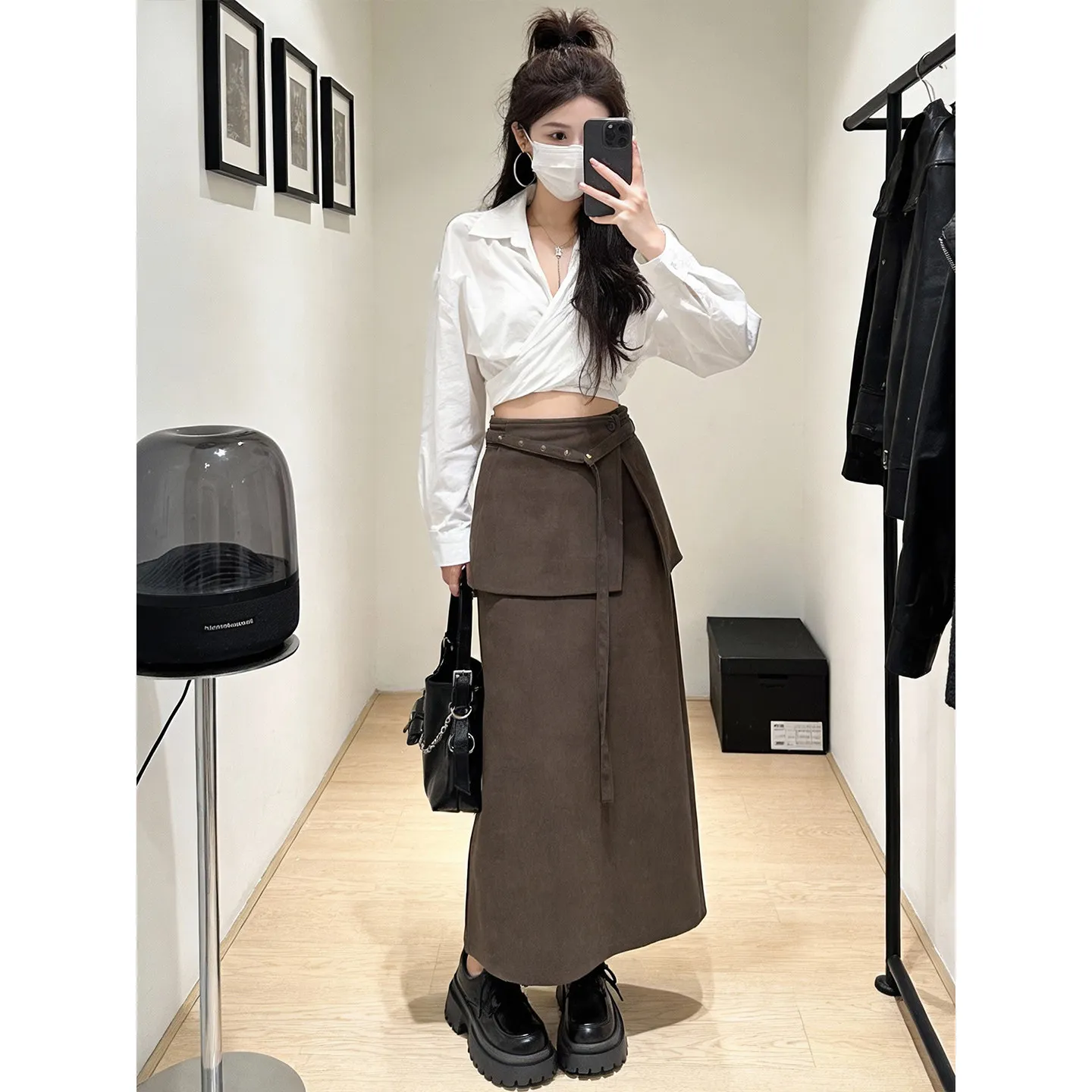 

Vintage Minimalist Brown Wrap Midi Skirt High Waist Layered Belted Skirt With Slit For Women Streetwear Y2K Trendy Outfits Wear
