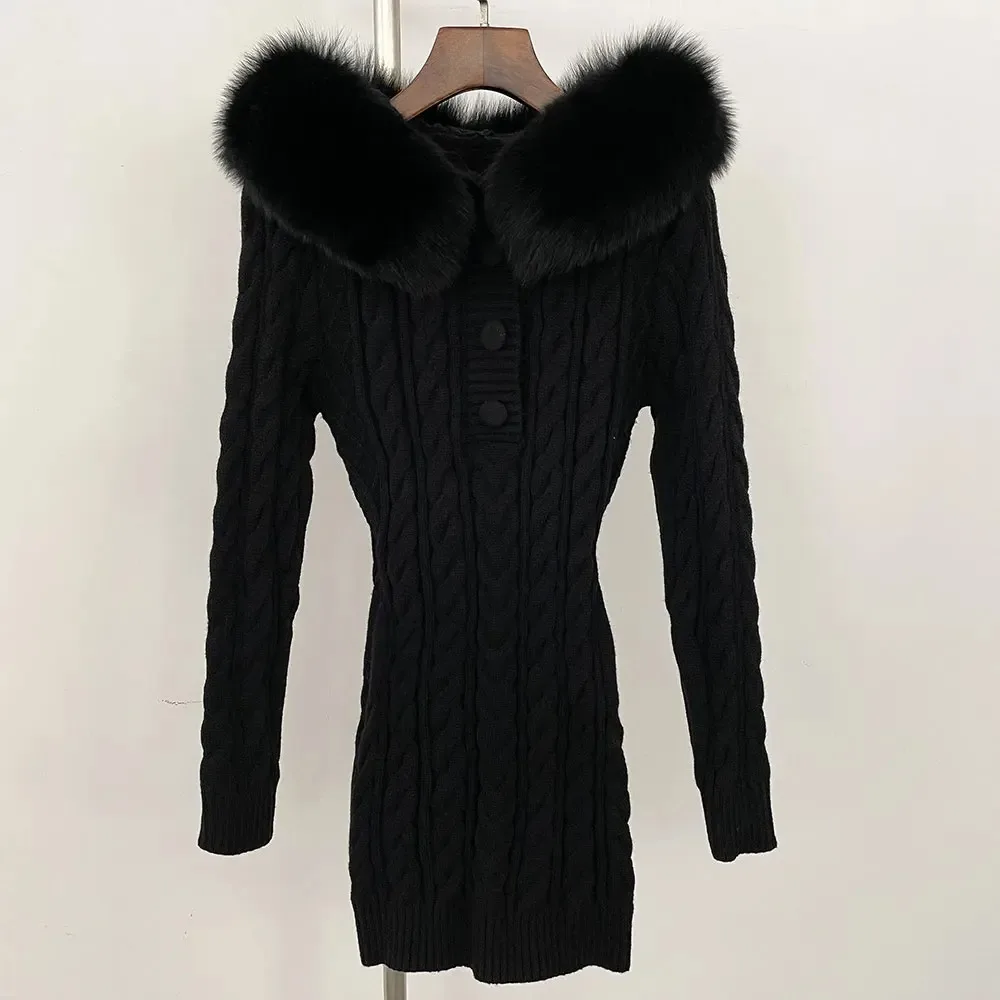 

Real Fur Sweater Hooded Big Fur Fashion Women Slim Fur Patchwork Autumn Winter Elegant Knitted Dress Knitwear Hoodie Tops Female